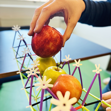 Äpplen staplas på en bromodell i byggmaterialet 4D-frame. Foto. 